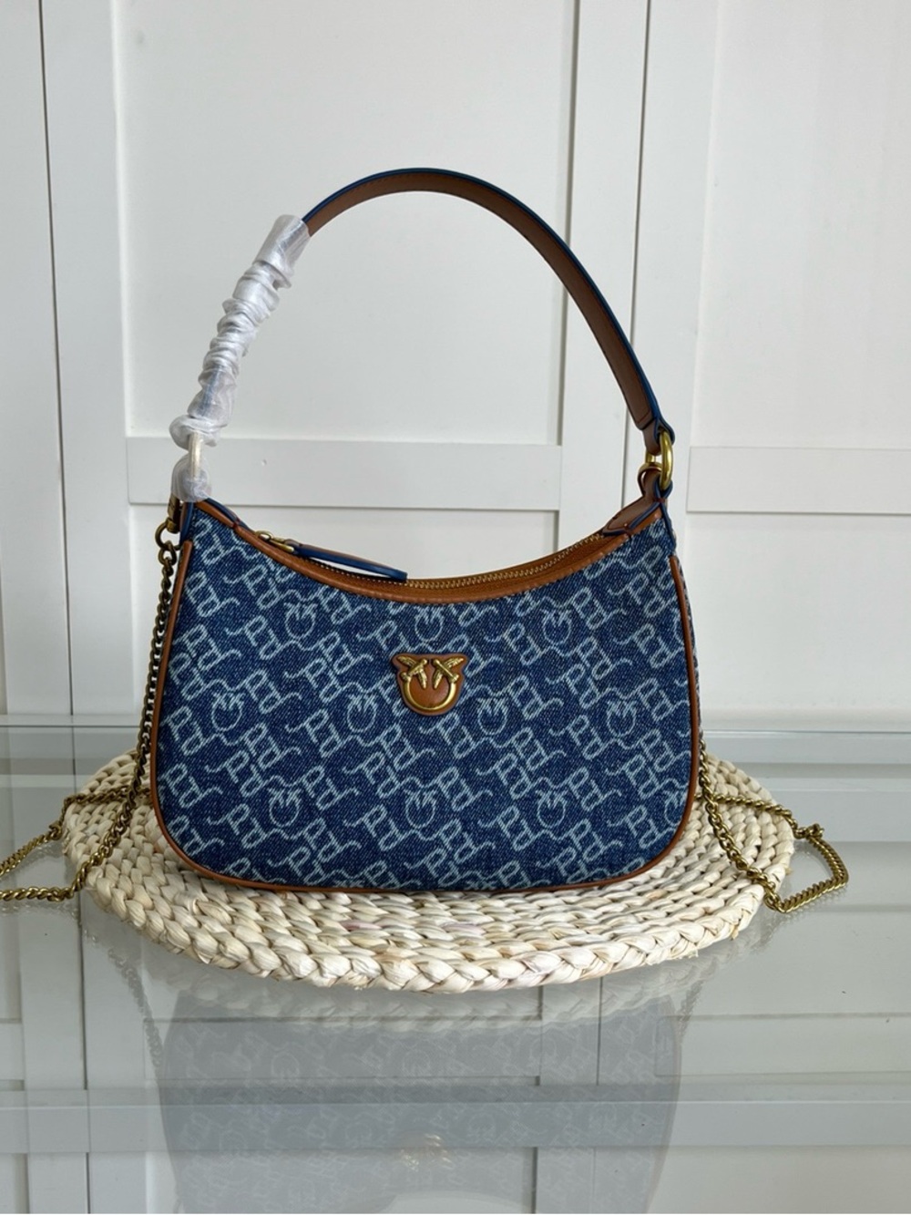 Pinko Blue Denim Logo Shoulder Bag with Brown Trim
